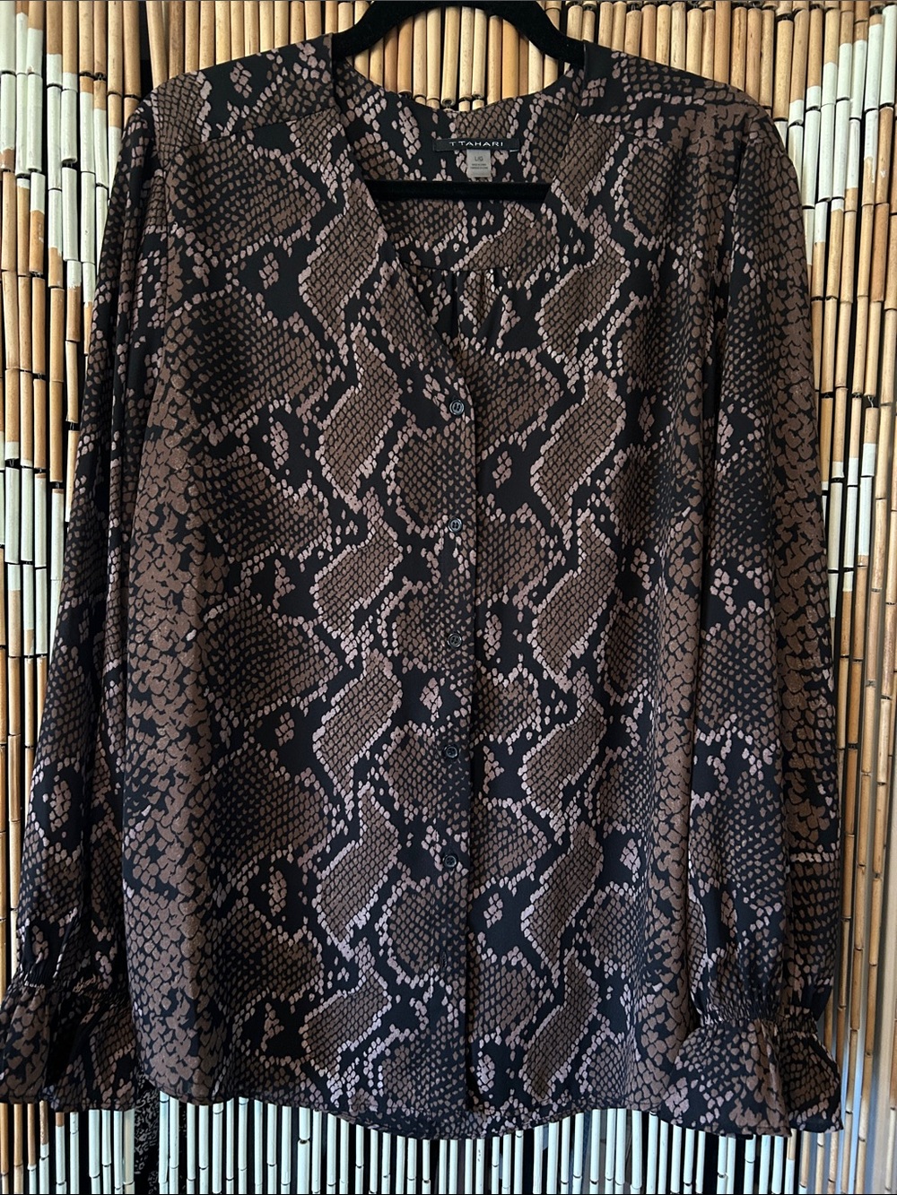 T Tahari Brown & Black Snake-Print Button Blouse